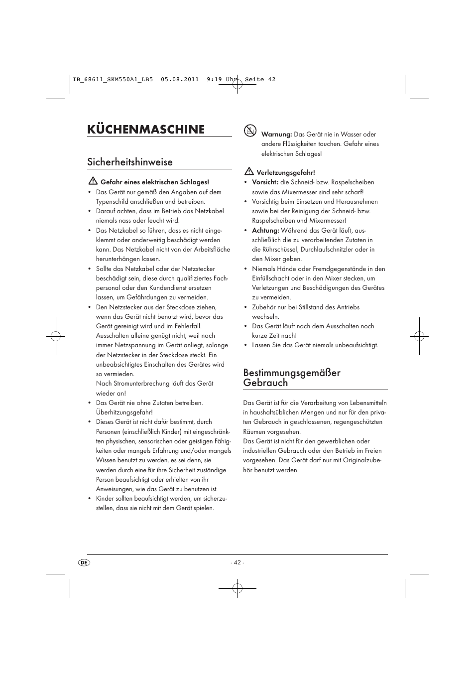 Küchenmaschine, Sicherheitshinweise, Bestimmungsgemäßer gebrauch | Silvercrest SKM 550 A1 User Manual | Page 44 / 52
