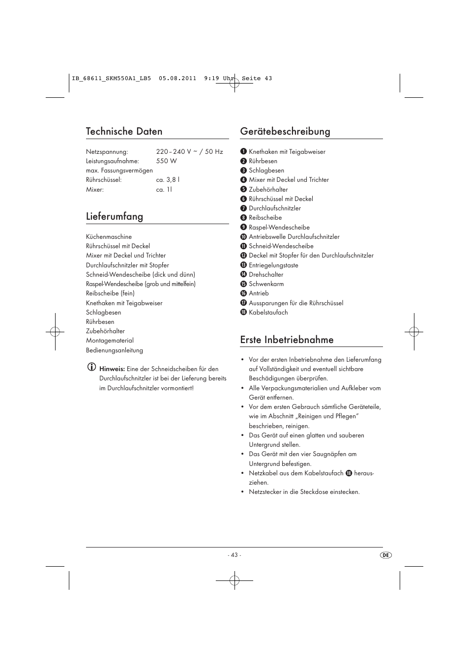 Technische daten, Lieferumfang, Gerätebeschreibung | Erste inbetriebnahme | Silvercrest SKM 550 A1 User Manual | Page 45 / 52