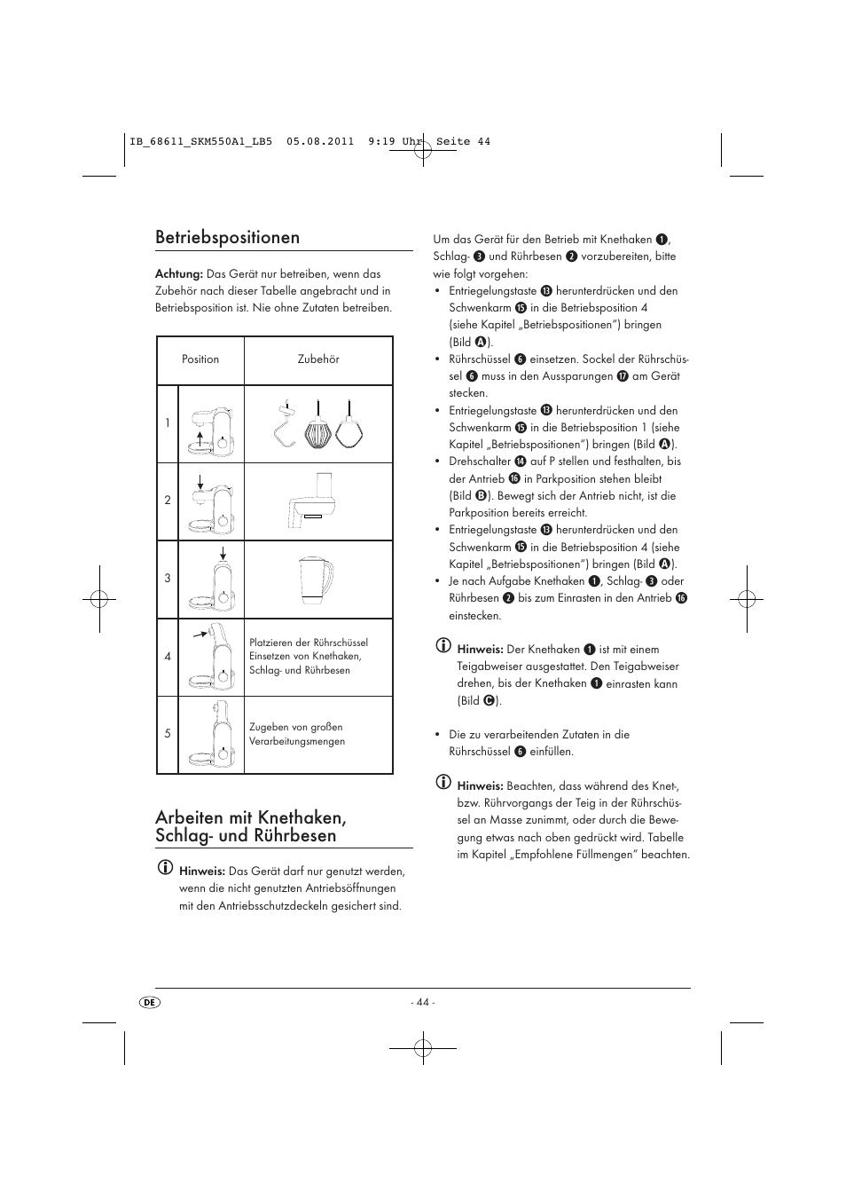 Betriebspositionen, Arbeiten mit knethaken, schlag- und rührbesen | Silvercrest SKM 550 A1 User Manual | Page 46 / 52