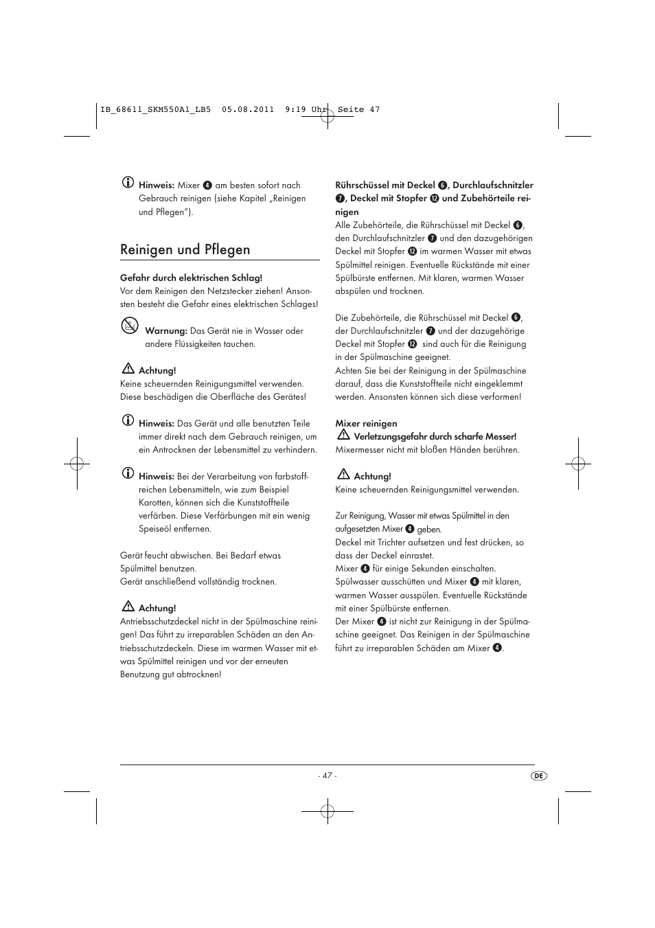 Reinigen und pflegen | Silvercrest SKM 550 A1 User Manual | Page 49 / 52