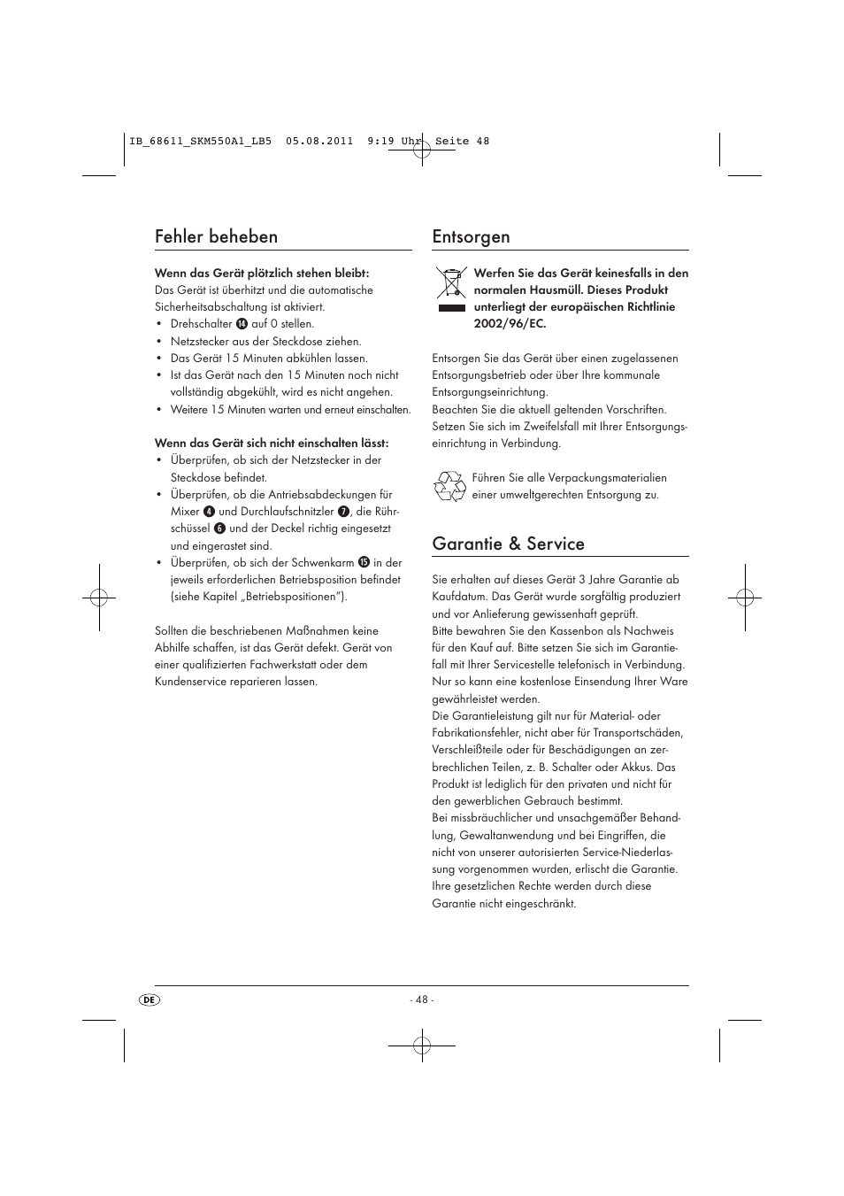 Fehler beheben, Entsorgen, Garantie & service | Silvercrest SKM 550 A1 User Manual | Page 50 / 52