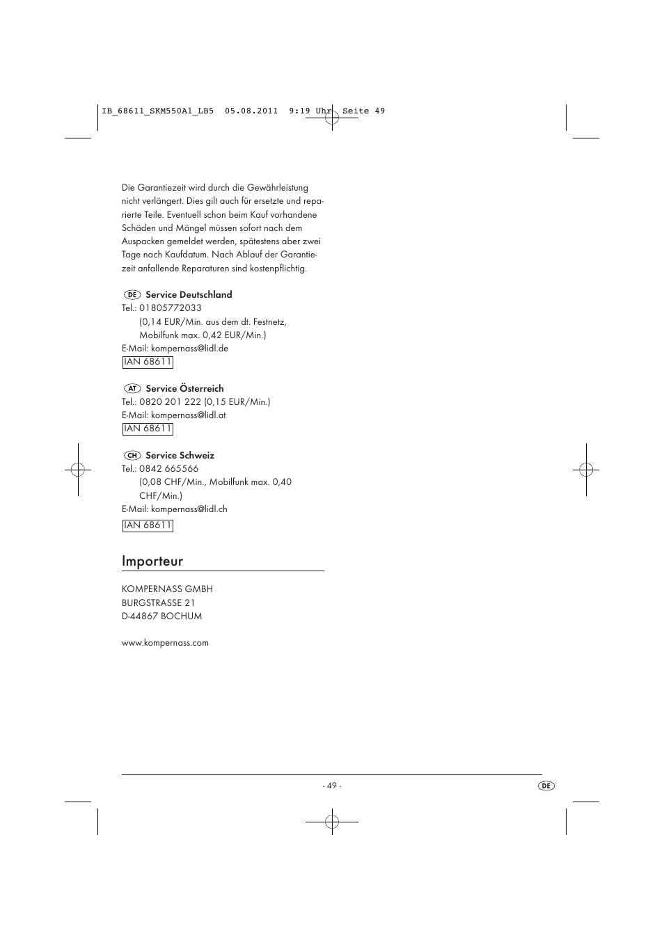 Importeur | Silvercrest SKM 550 A1 User Manual | Page 51 / 52