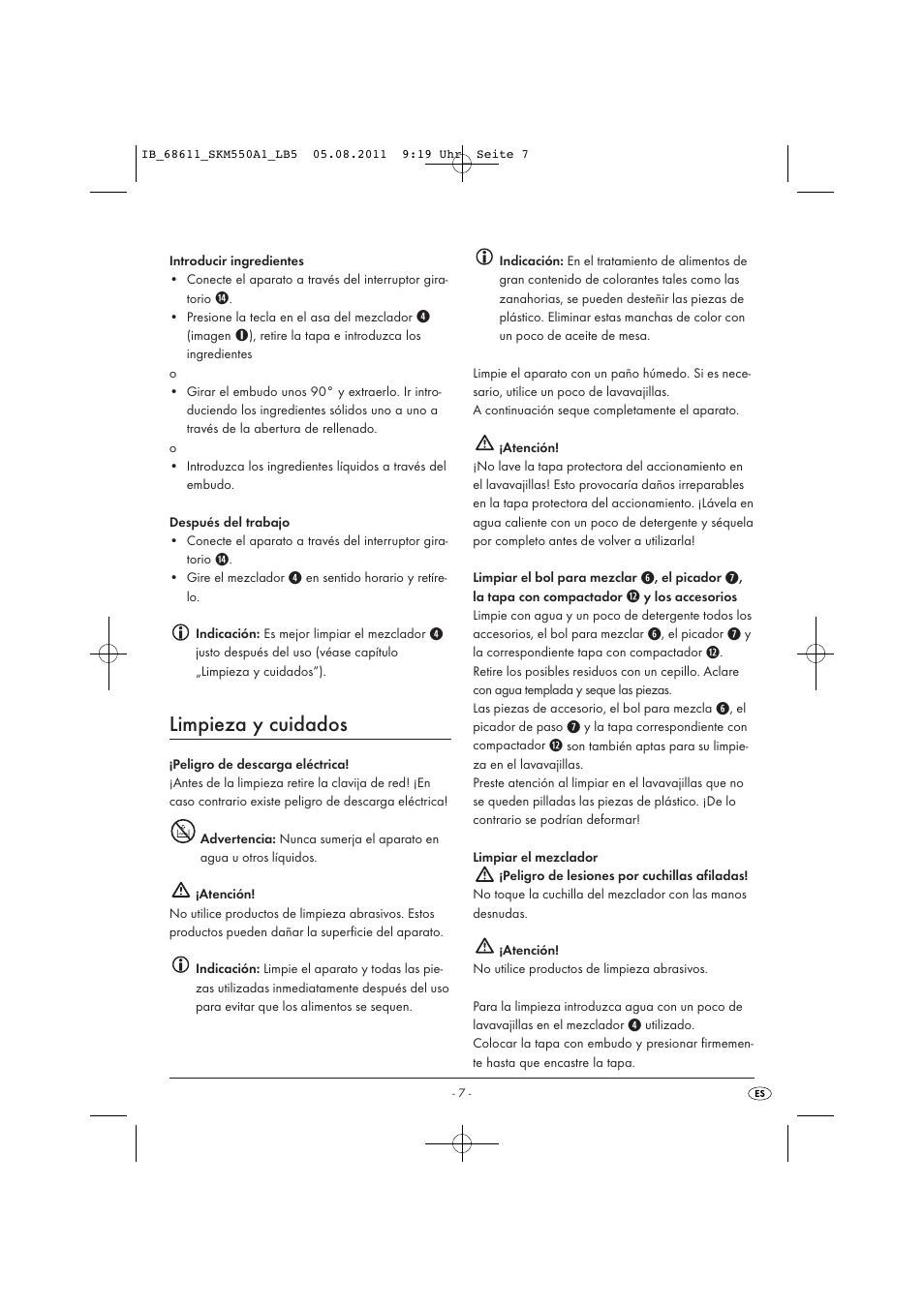 Limpieza y cuidados | Silvercrest SKM 550 A1 User Manual | Page 9 / 52