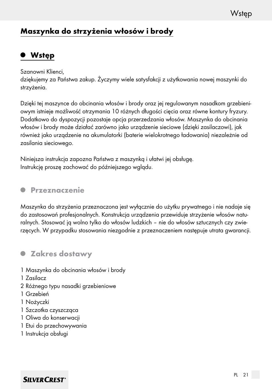 Wstęp, Maszynka do strzyżenia włosów i brody, Przeznaczenie | Zakres dostawy | Silvercrest SHBS 600 A1 User Manual | Page 21 / 101