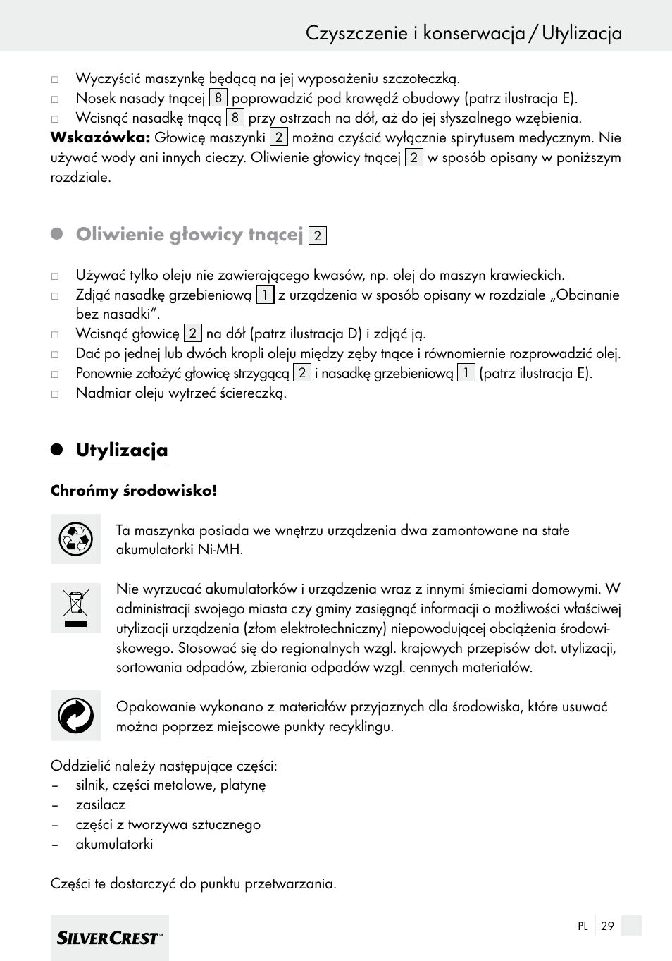 Czyszczenie i konserwacja / utylizacja, Oliwienie głowicy tnącej, Utylizacja | Silvercrest SHBS 600 A1 User Manual | Page 29 / 101