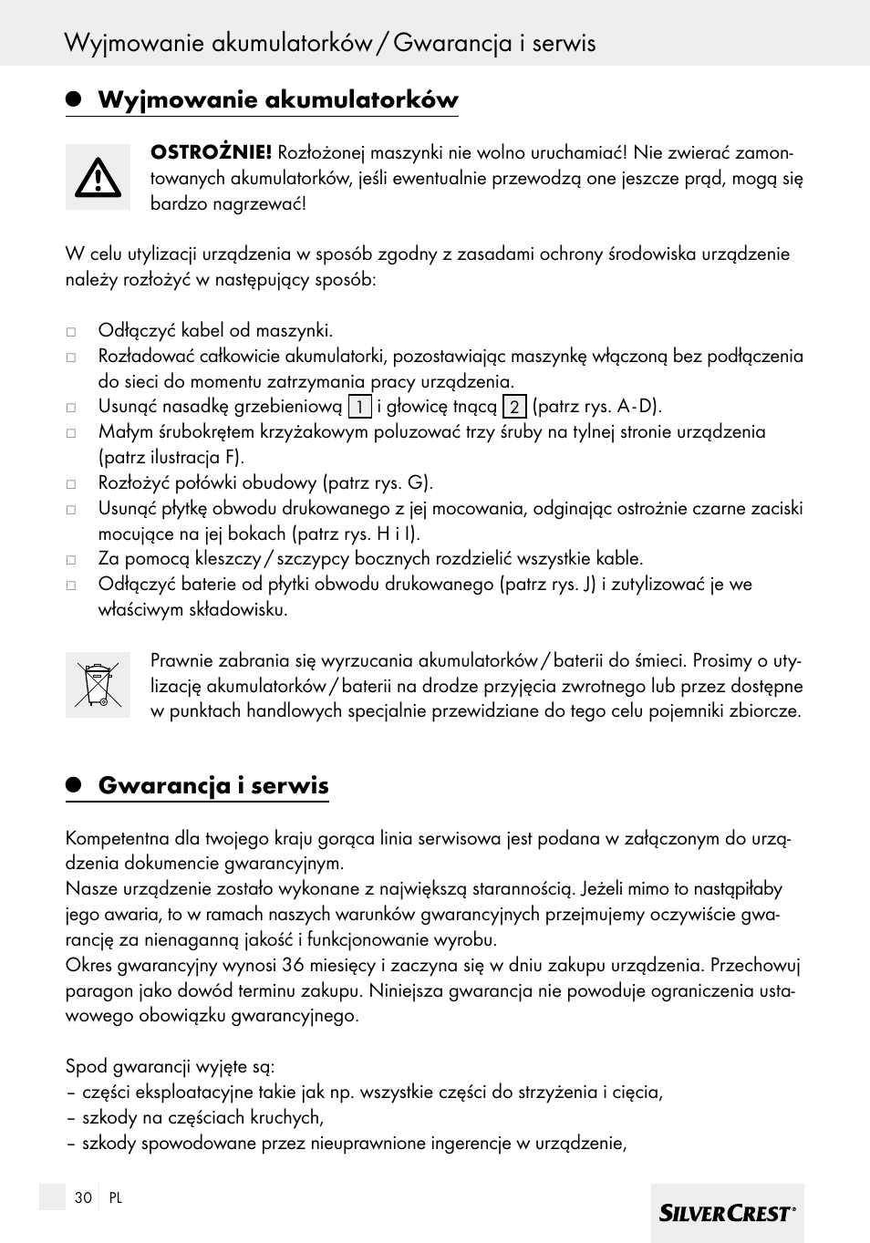 Wyjmowanie akumulatorków / gwarancja i serwis, Wyjmowanie akumulatorków, Gwarancja i serwis | Silvercrest SHBS 600 A1 User Manual | Page 30 / 101