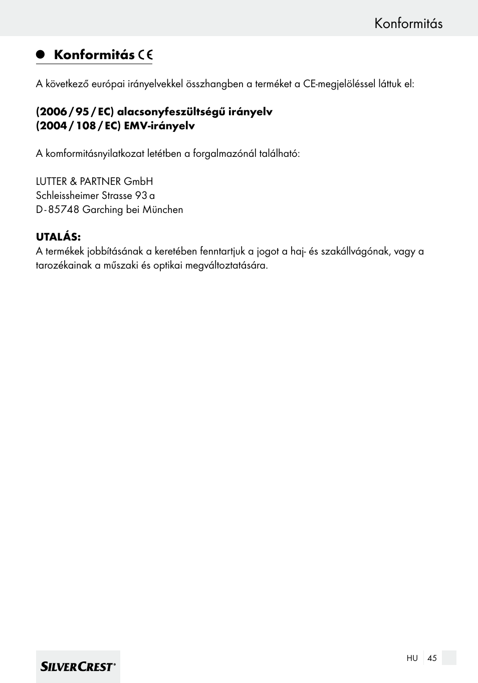 Konformitás | Silvercrest SHBS 600 A1 User Manual | Page 45 / 101