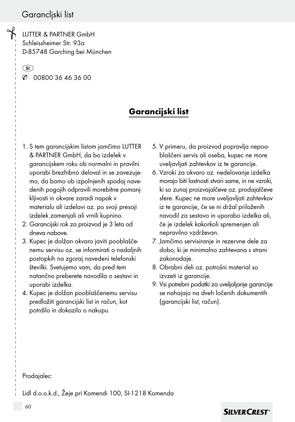 Garancljski list, Garancijski list | Silvercrest SHBS 600 A1 User Manual | Page 60 / 101