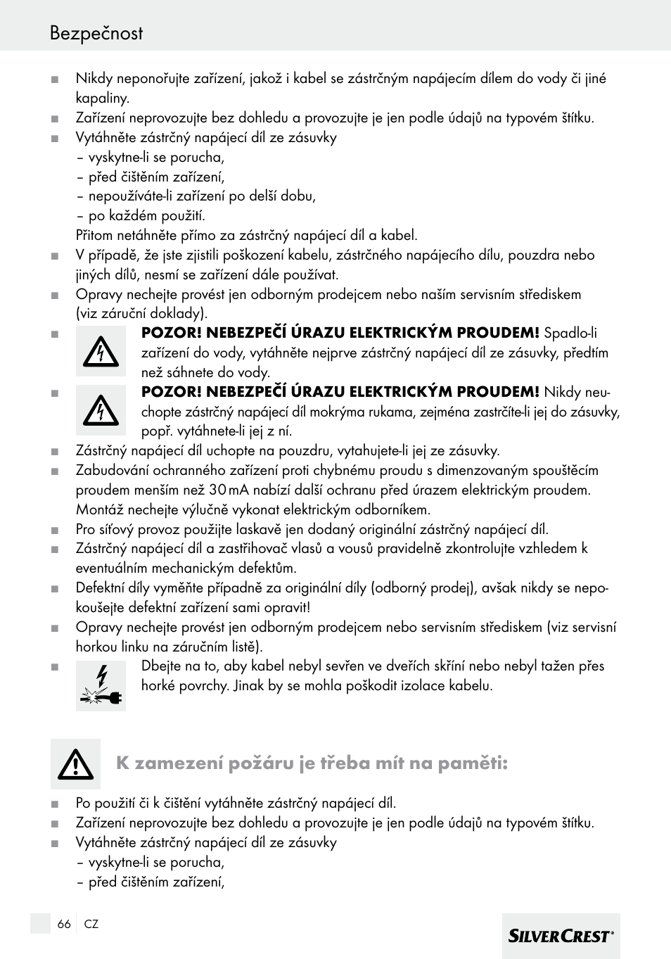 Bezpečnost, K zamezení požáru je třeba mít na paměti | Silvercrest SHBS 600 A1 User Manual | Page 66 / 101