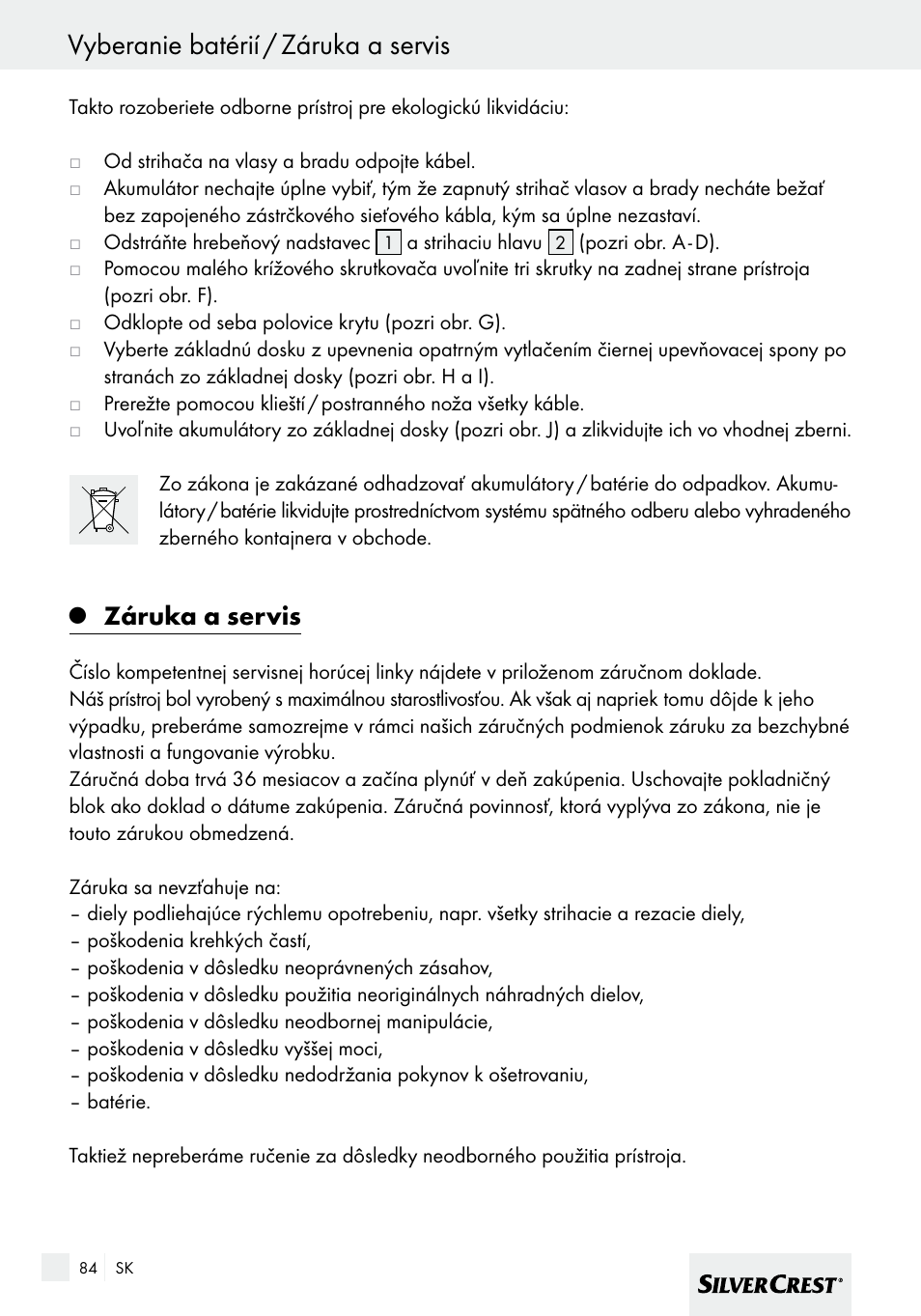 Vyberanie batérií / záruka a servis, Záruka a servis | Silvercrest SHBS 600 A1 User Manual | Page 84 / 101