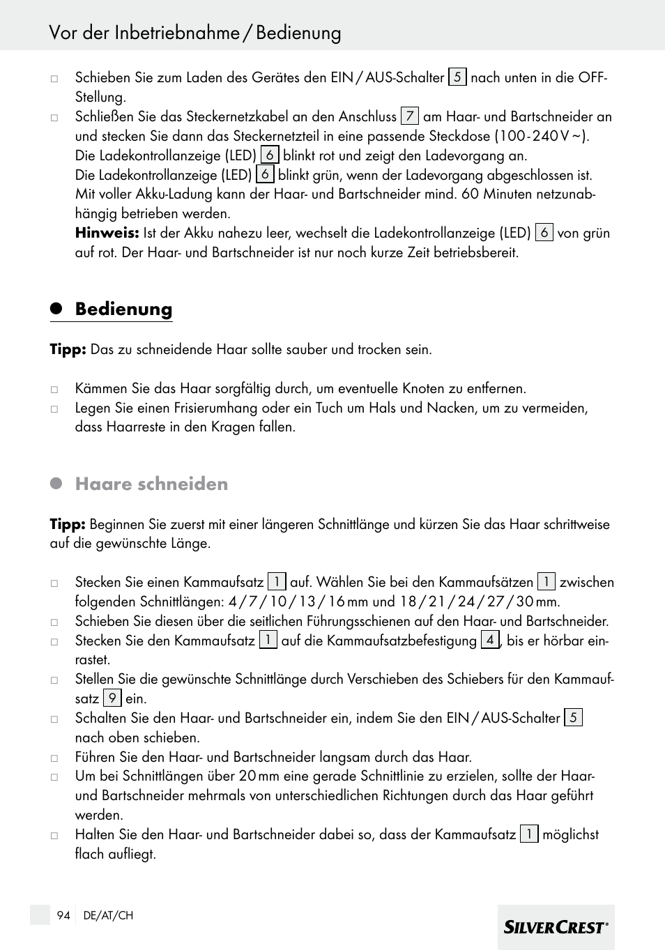Vor der inbetriebnahme / bedienung, Bedienung, Haare schneiden | Silvercrest SHBS 600 A1 User Manual | Page 94 / 101