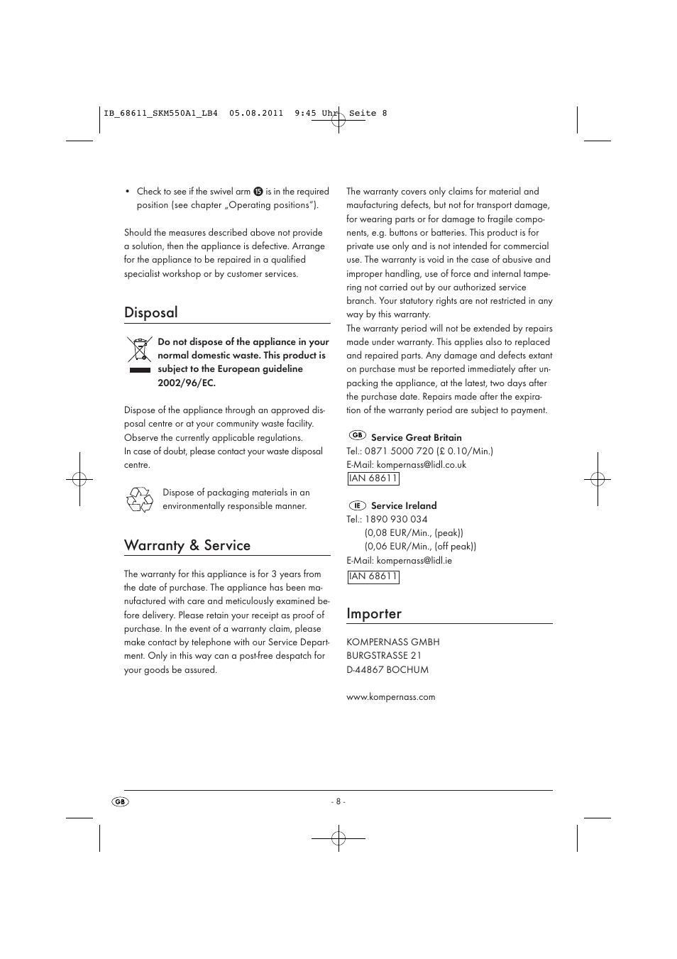Disposal, Warranty & service, Importer | Silvercrest SKM 550 A1 User Manual | Page 10 / 72