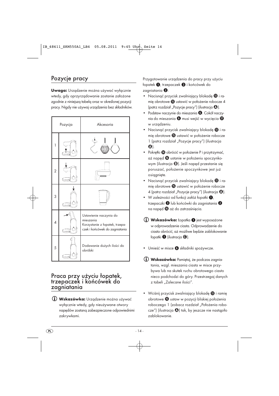 Pozycje pracy | Silvercrest SKM 550 A1 User Manual | Page 16 / 72