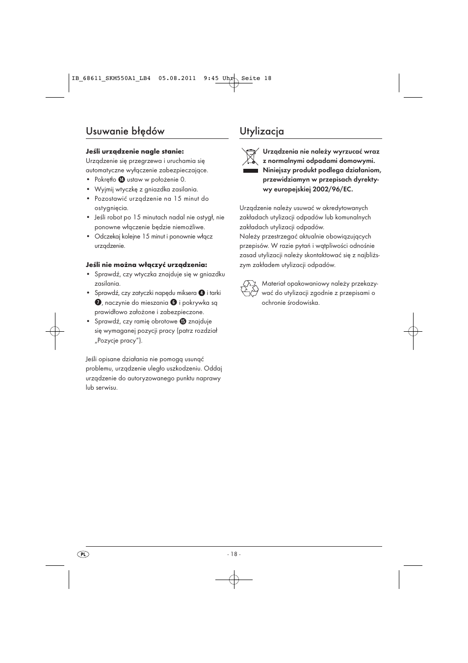 Usuwanie błędów, Utylizacja | Silvercrest SKM 550 A1 User Manual | Page 20 / 72