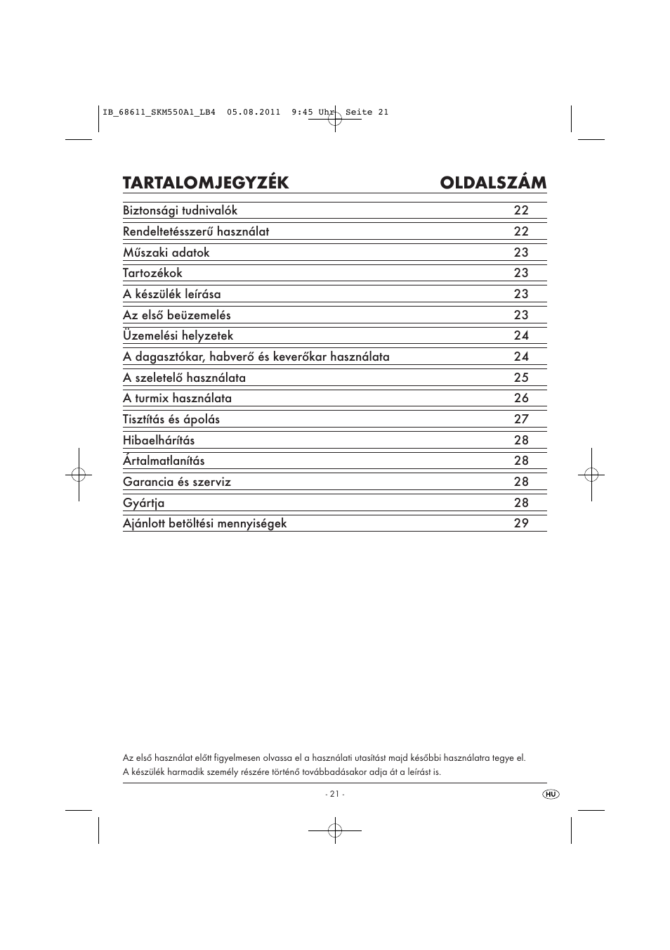 Tartalomjegyzék oldalszám | Silvercrest SKM 550 A1 User Manual | Page 23 / 72