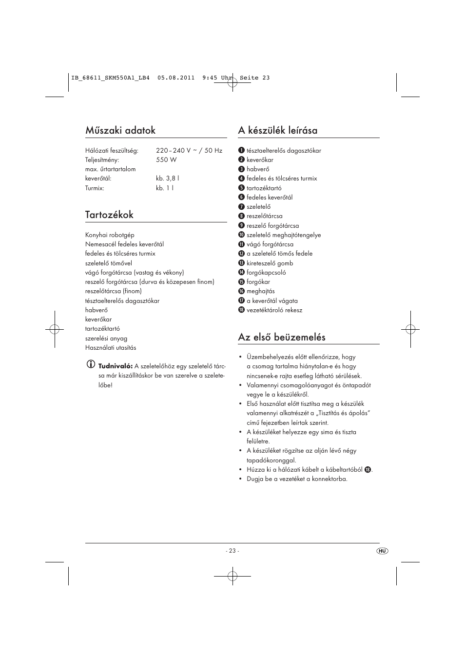Műszaki adatok, Tartozékok, A készülék leírása | Az első beüzemelés | Silvercrest SKM 550 A1 User Manual | Page 25 / 72