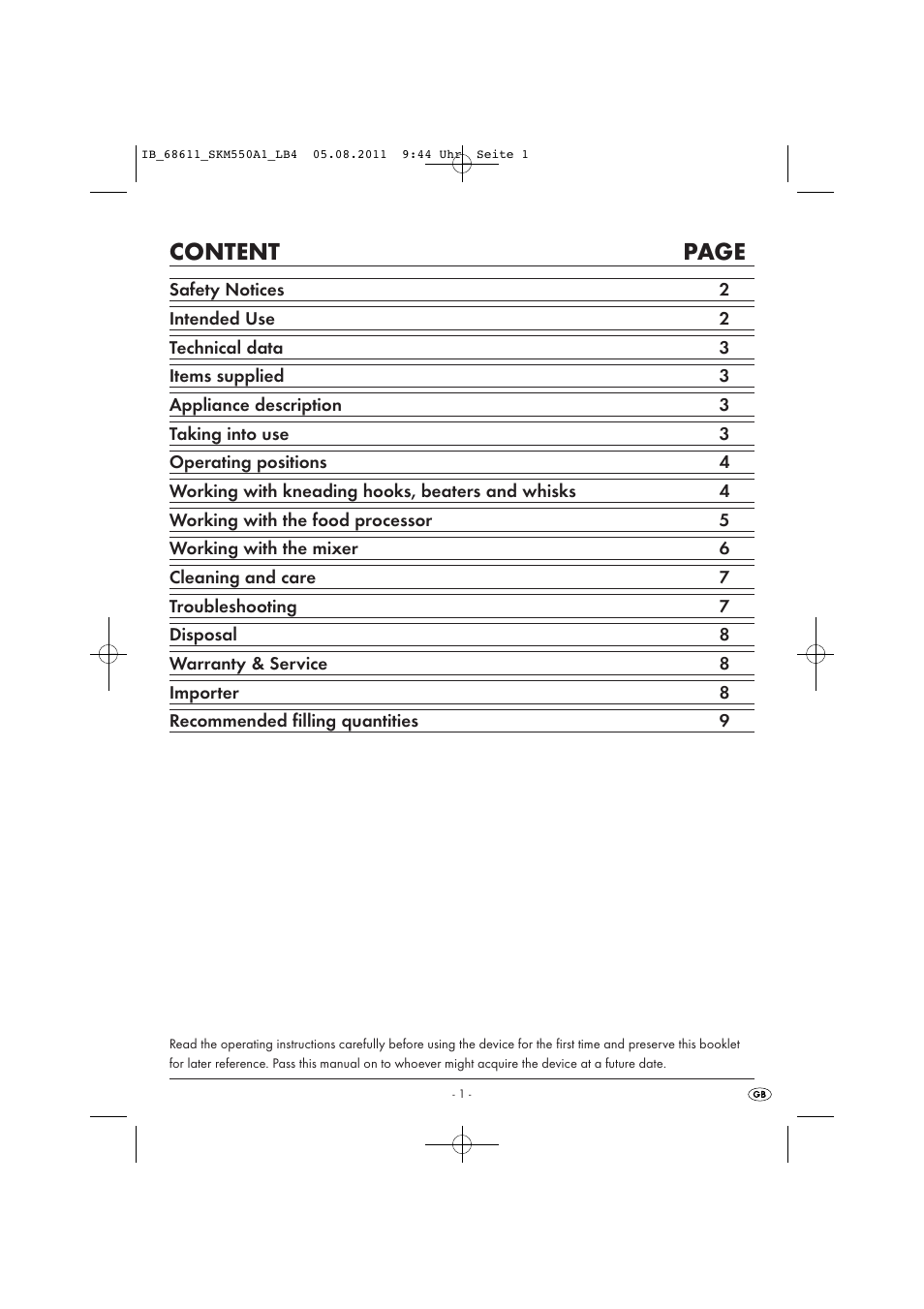 Content page | Silvercrest SKM 550 A1 User Manual | Page 3 / 72