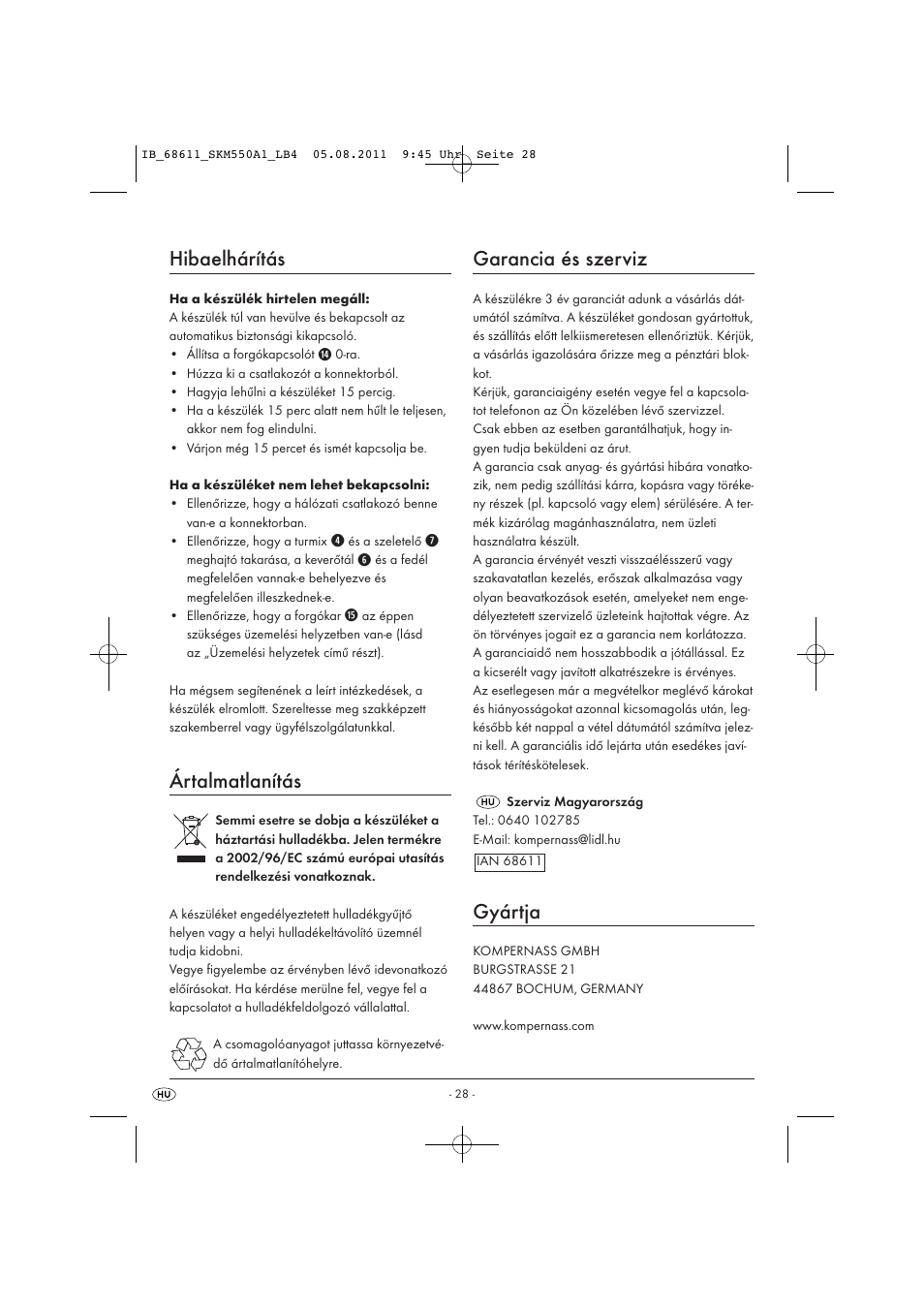 Hibaelhárítás, Ártalmatlanítás, Garancia és szerviz | Gyártja | Silvercrest SKM 550 A1 User Manual | Page 30 / 72
