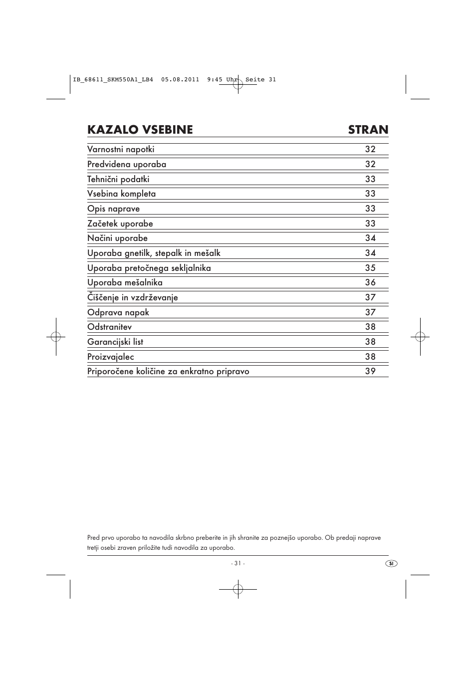 Kazalo vsebine stran | Silvercrest SKM 550 A1 User Manual | Page 33 / 72
