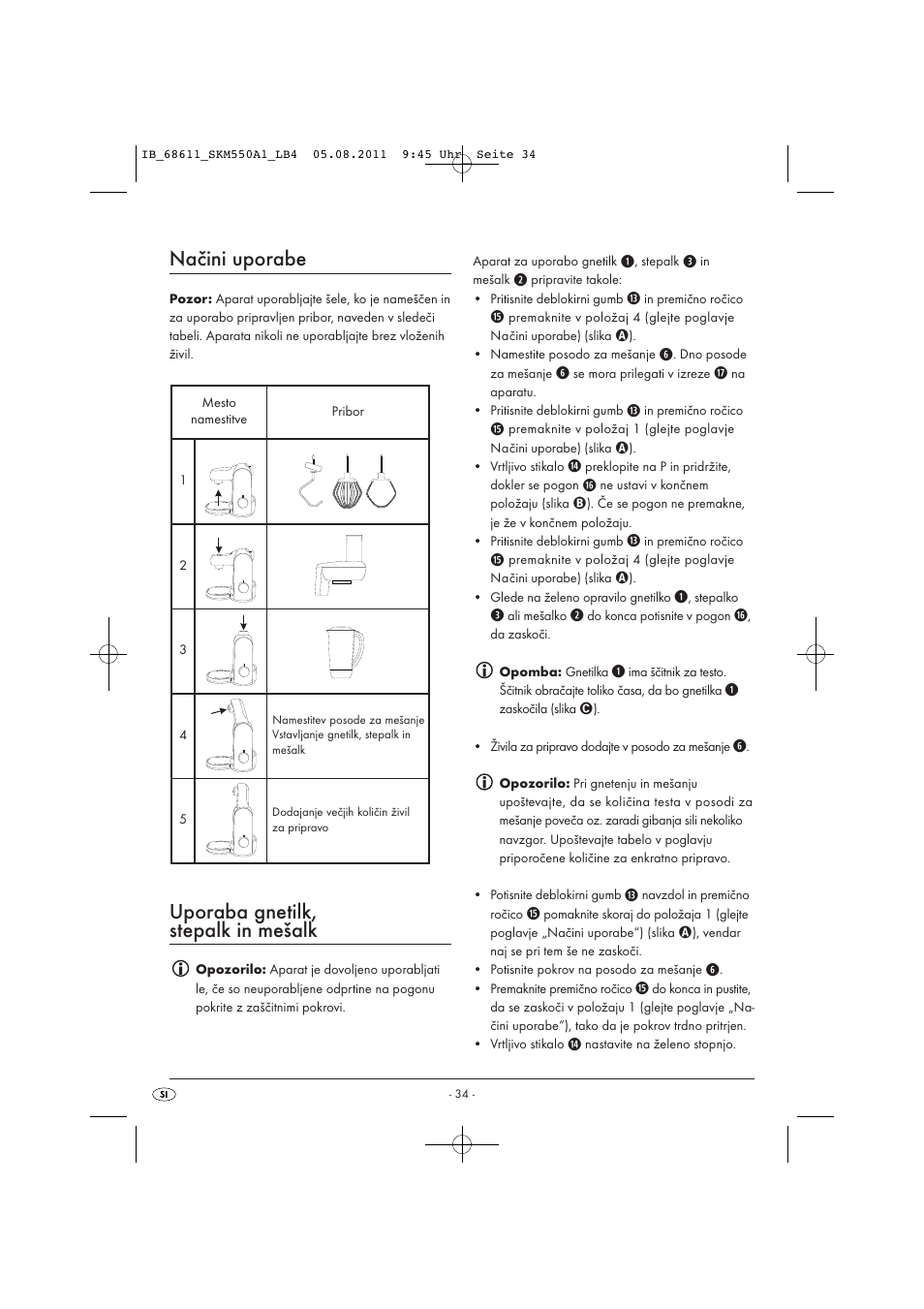 Načini uporabe, Uporaba gnetilk, stepalk in mešalk | Silvercrest SKM 550 A1 User Manual | Page 36 / 72