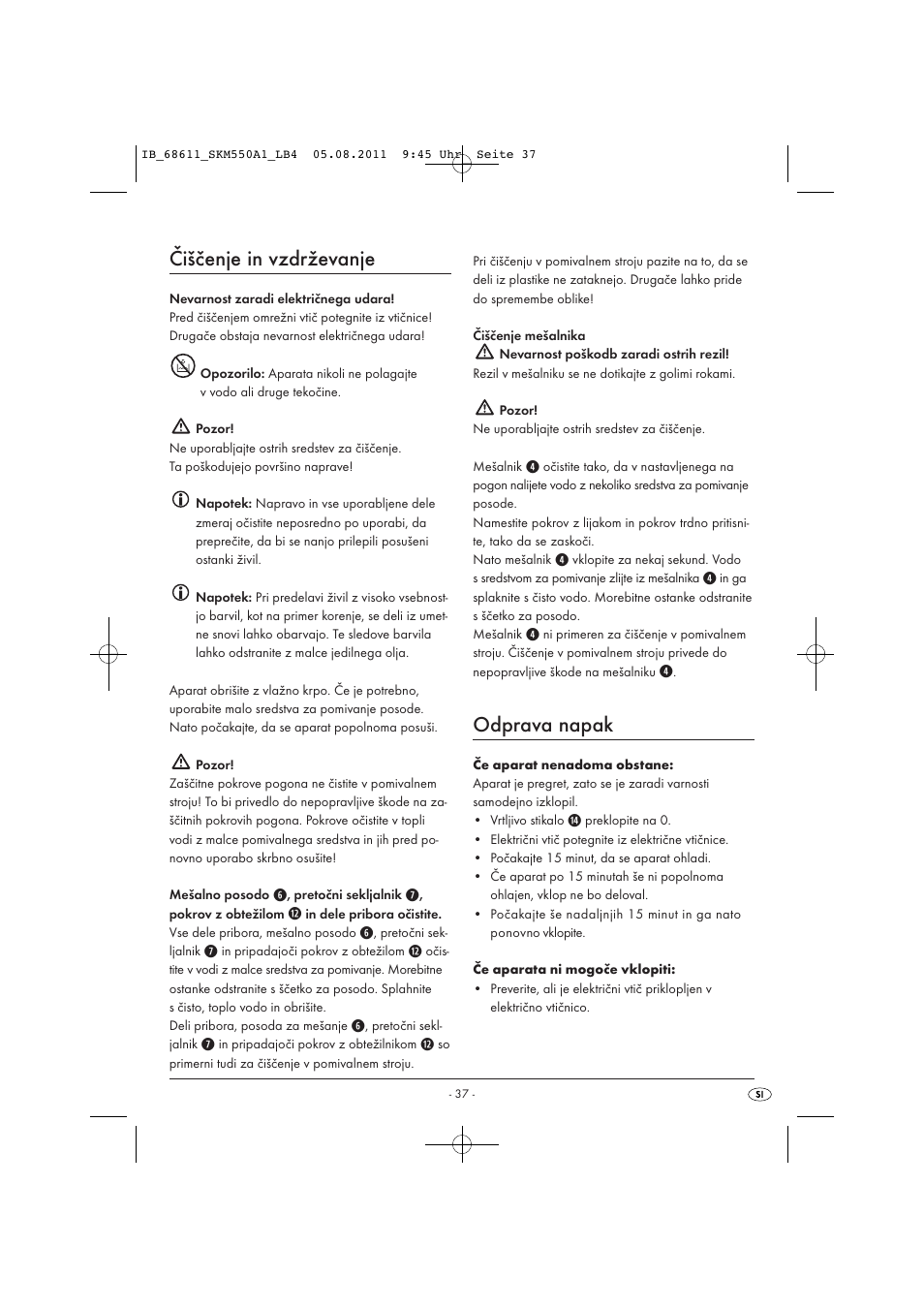 Čiščenje in vzdrževanje, Odprava napak | Silvercrest SKM 550 A1 User Manual | Page 39 / 72