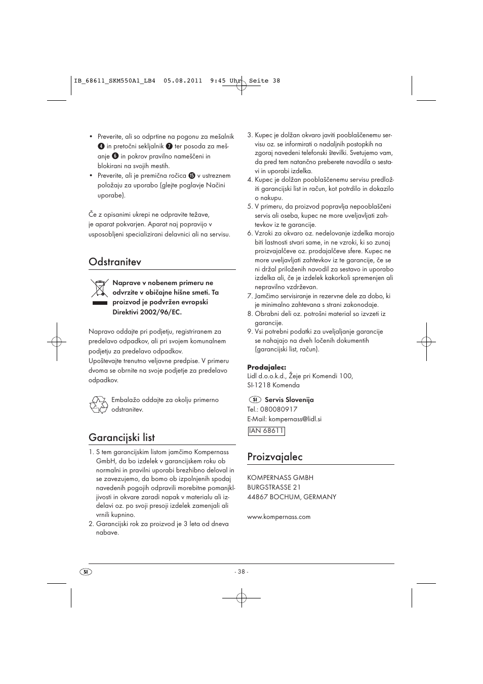 Odstranitev, Garancijski list, Proizvajalec | Silvercrest SKM 550 A1 User Manual | Page 40 / 72