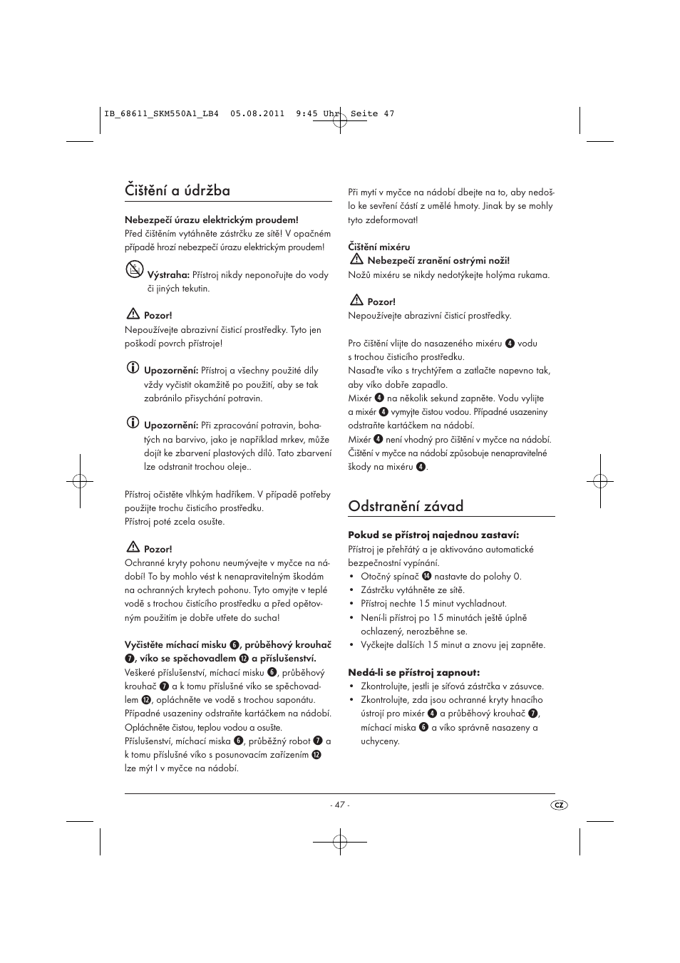 Čištění a údržba, Odstranění závad | Silvercrest SKM 550 A1 User Manual | Page 49 / 72