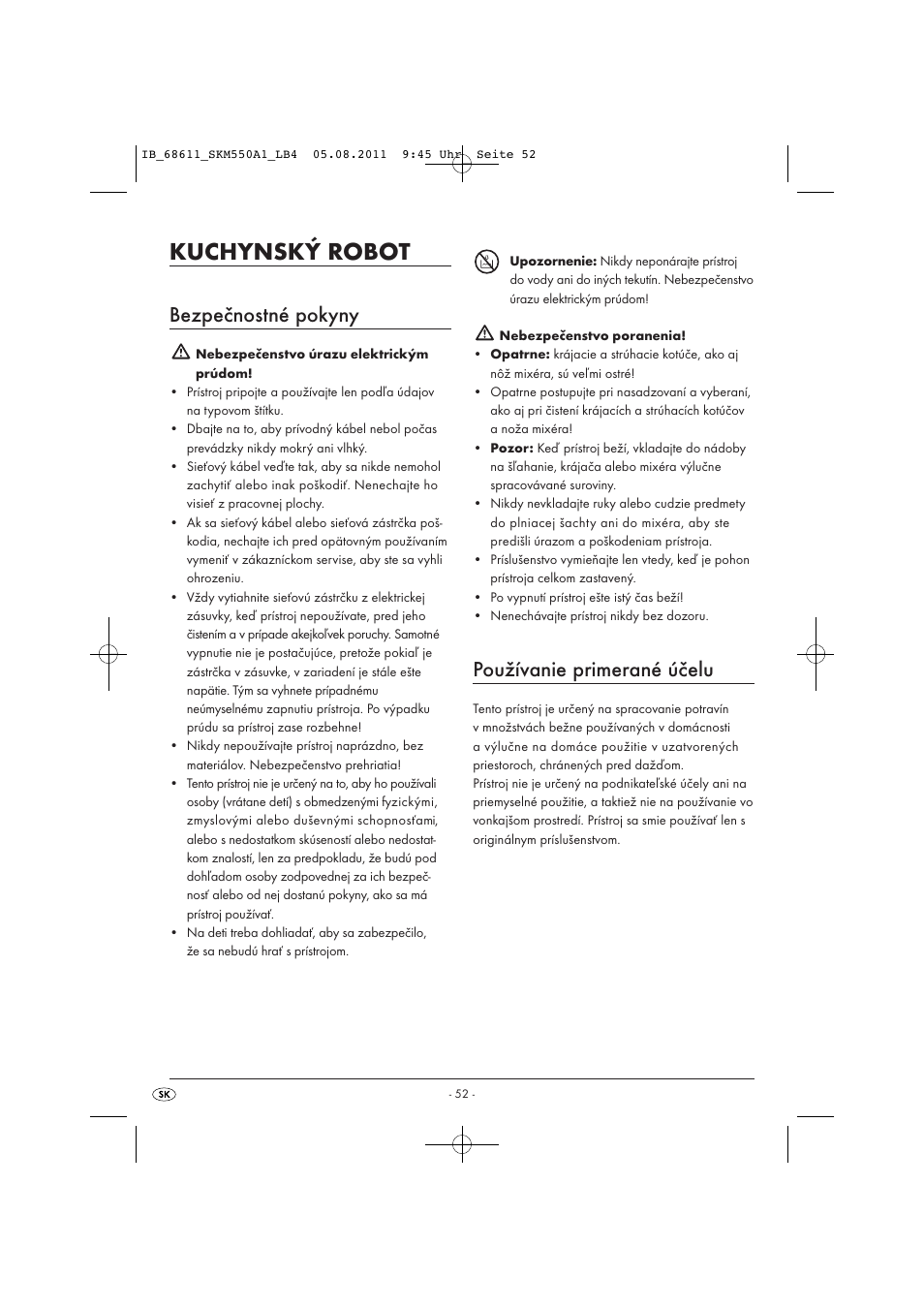 Kuchynský robot, Bezpečnostné pokyny, Používanie primerané účelu | Silvercrest SKM 550 A1 User Manual | Page 54 / 72