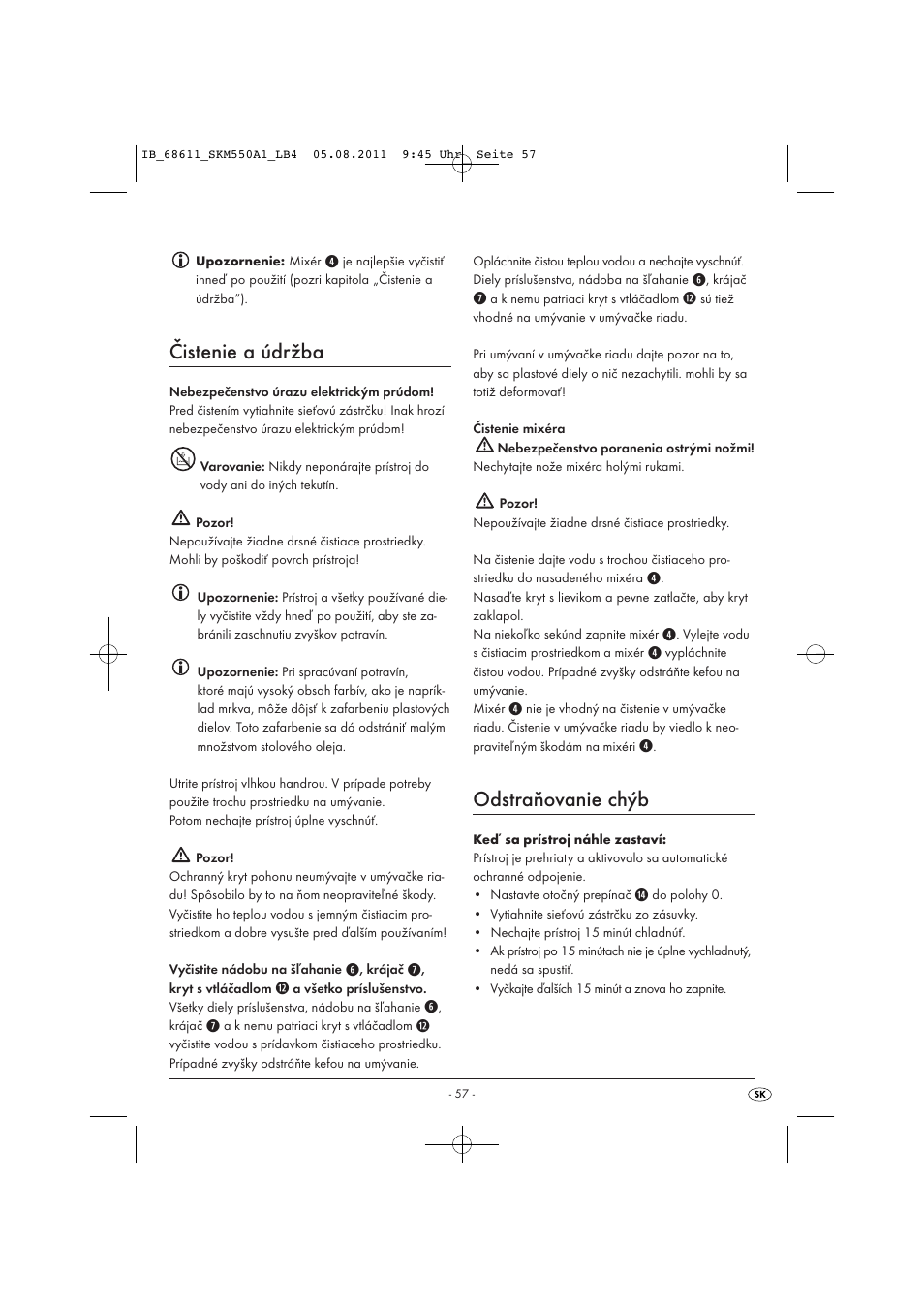 Čistenie a údržba, Odstraňovanie chýb | Silvercrest SKM 550 A1 User Manual | Page 59 / 72