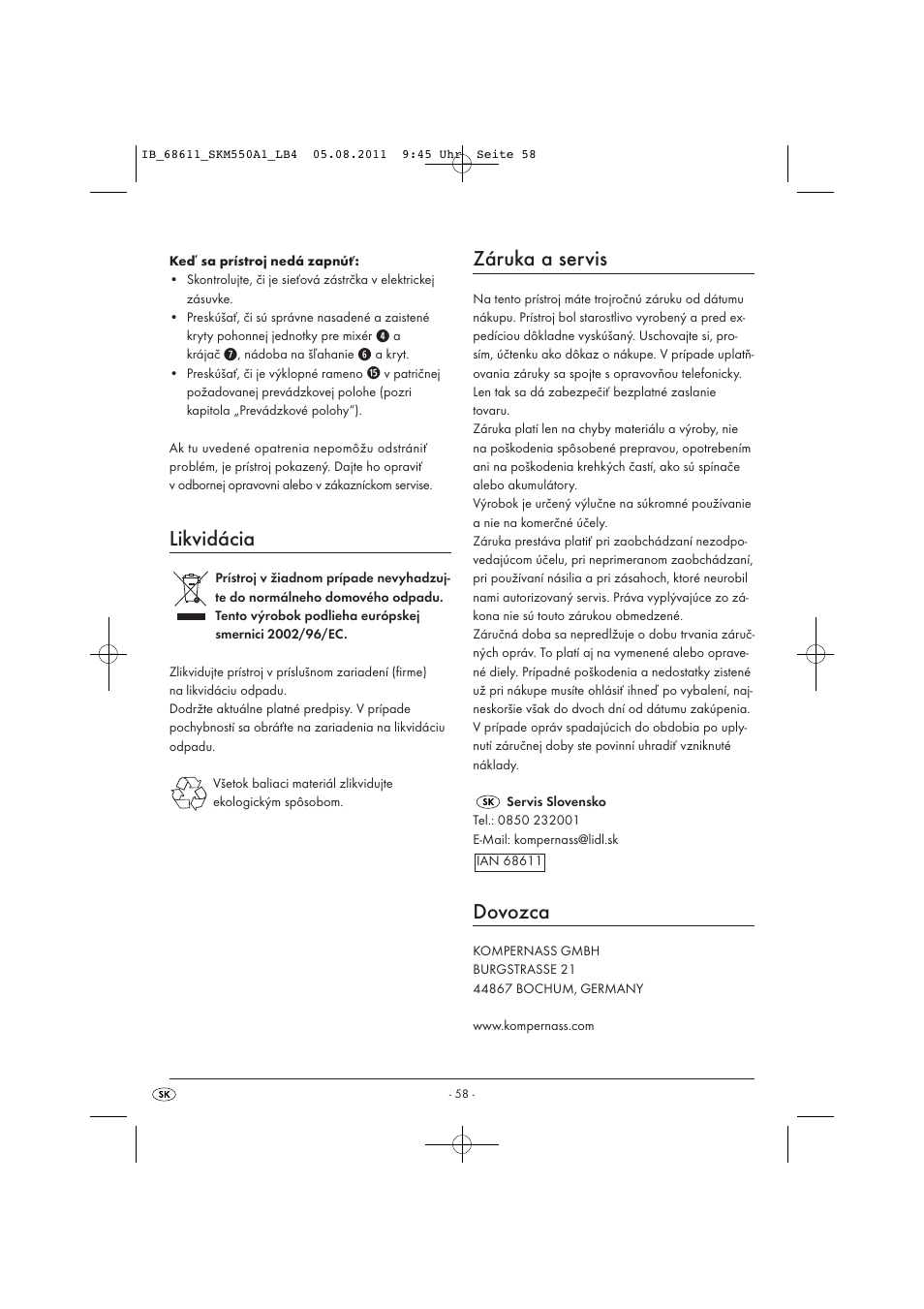 Likvidácia, Záruka a servis, Dovozca | Silvercrest SKM 550 A1 User Manual | Page 60 / 72