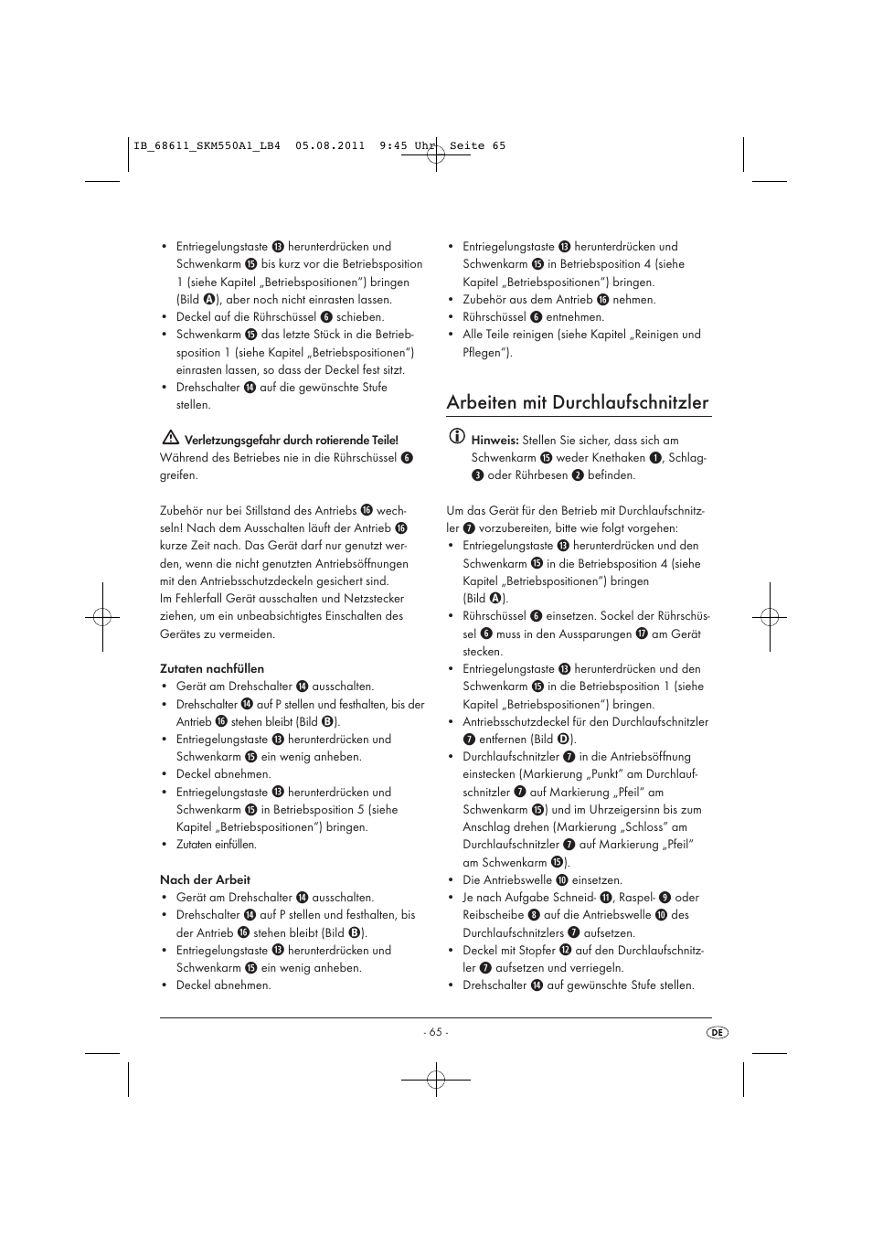 Arbeiten mit durchlaufschnitzler | Silvercrest SKM 550 A1 User Manual | Page 67 / 72