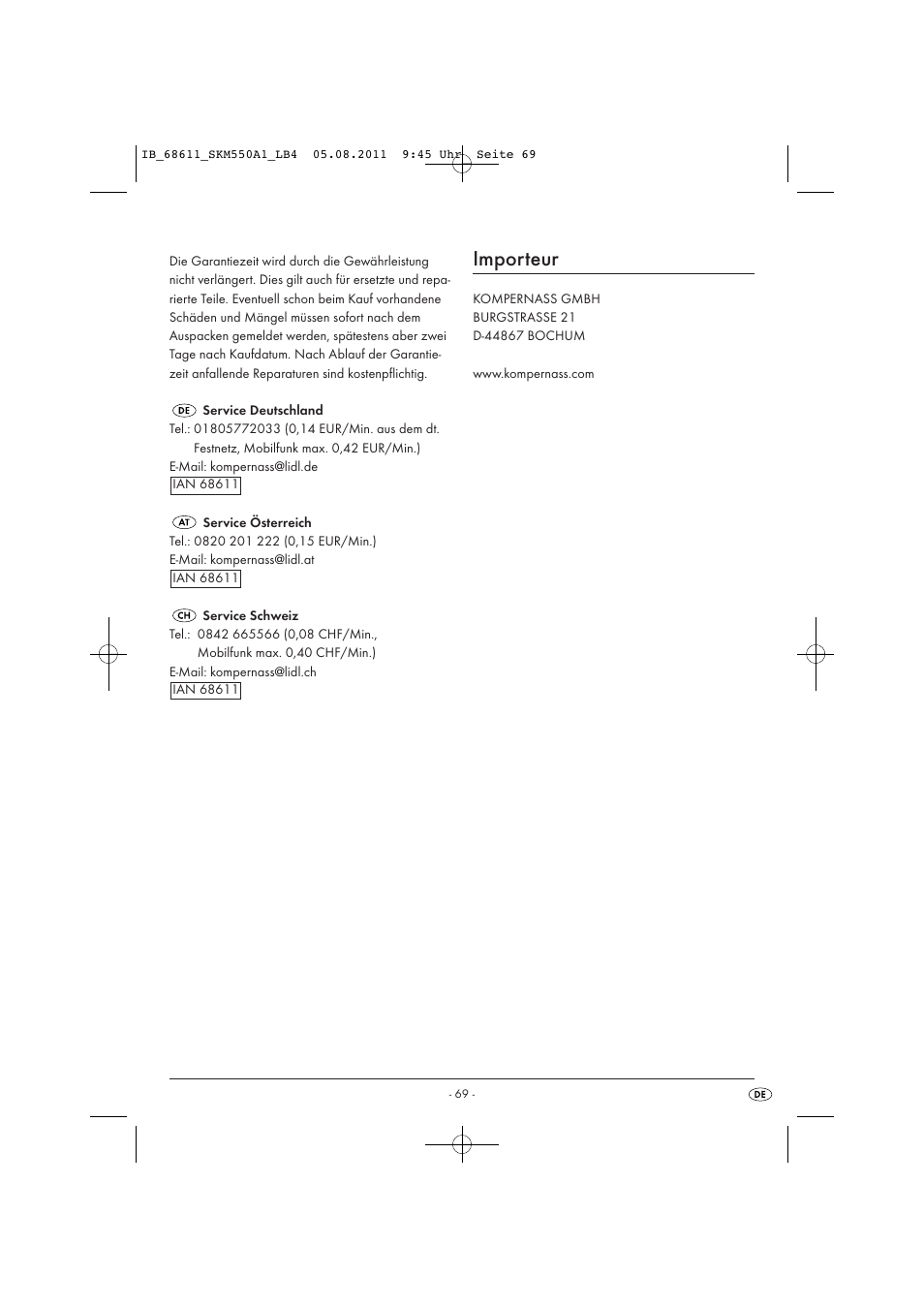 Importeur | Silvercrest SKM 550 A1 User Manual | Page 71 / 72