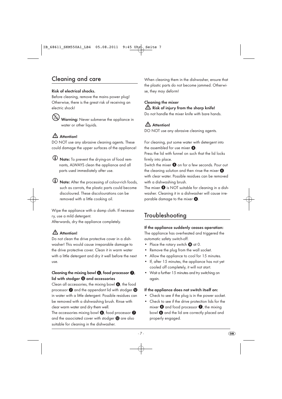 Cleaning and care, Troubleshooting | Silvercrest SKM 550 A1 User Manual | Page 9 / 72
