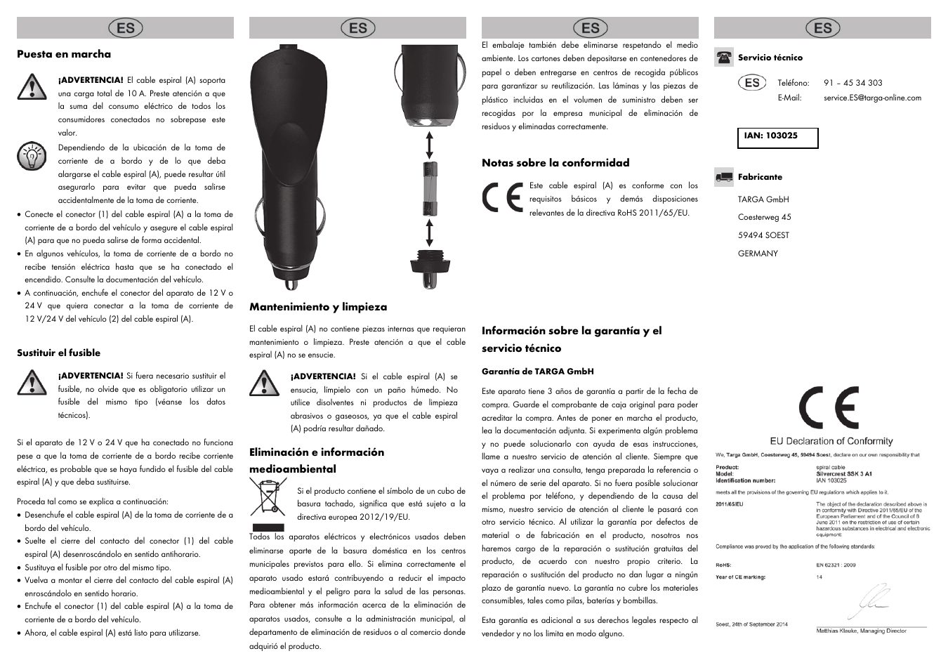 Puesta en marcha, Mantenimiento y limpieza, Eliminación e información medioambiental | Notas sobre la conformidad | Silvercrest SSK 3 A1 User Manual | Page 2 / 8