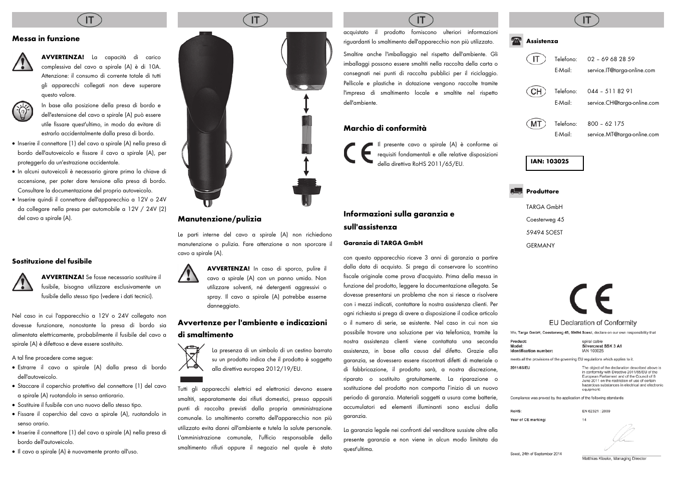 Messa in funzione, Manutenzione/pulizia, Marchio di conformità | Informazioni sulla garanzia e sull'assistenza | Silvercrest SSK 3 A1 User Manual | Page 4 / 8