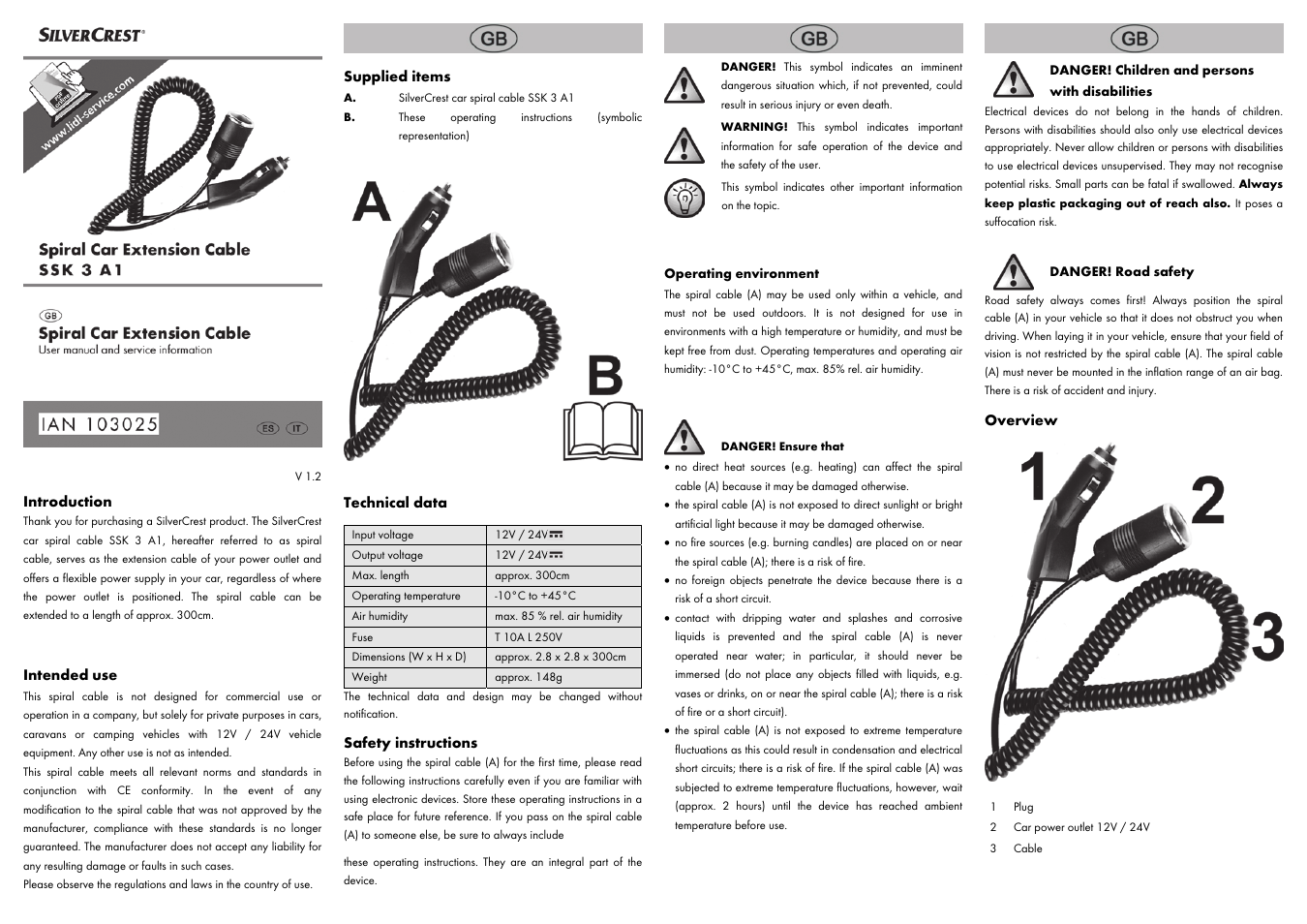 Introduction, Intended use, Supplied items | Technical data, Safety instructions, Overview | Silvercrest SSK 3 A1 User Manual | Page 5 / 8