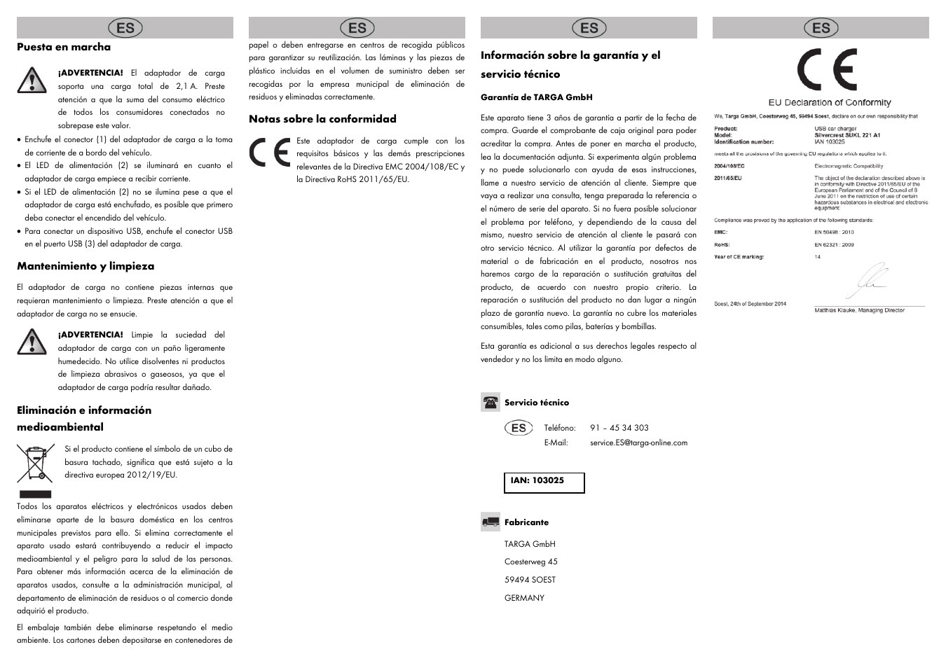 Puesta en marcha, Mantenimiento y limpieza, Eliminación e información medioambiental | Notas sobre la conformidad | Silvercrest SUKL 221 A1 User Manual | Page 2 / 8