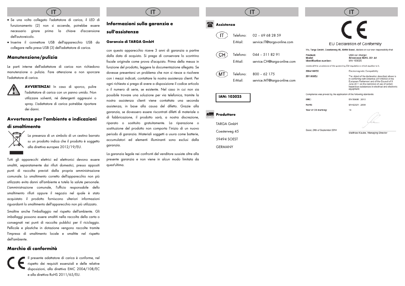 Manutenzione/pulizia, Marchio di conformità, Informazioni sulla garanzia e sull'assistenza | Silvercrest SUKL 221 A1 User Manual | Page 4 / 8
