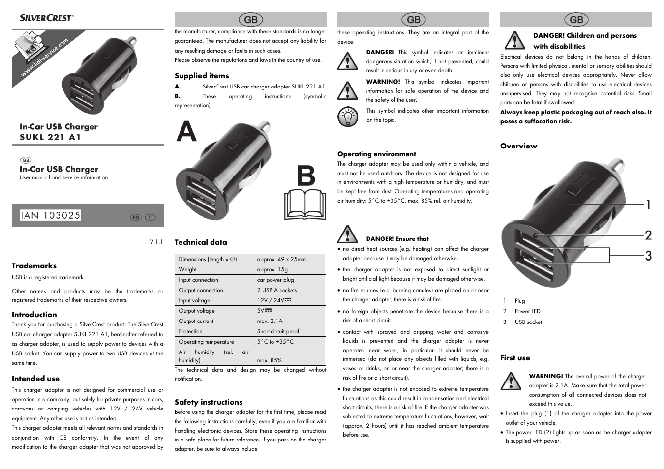 Trademarks, Introduction, Intended use | Supplied items, Technical data, Safety instructions, Overview, First use | Silvercrest SUKL 221 A1 User Manual | Page 5 / 8