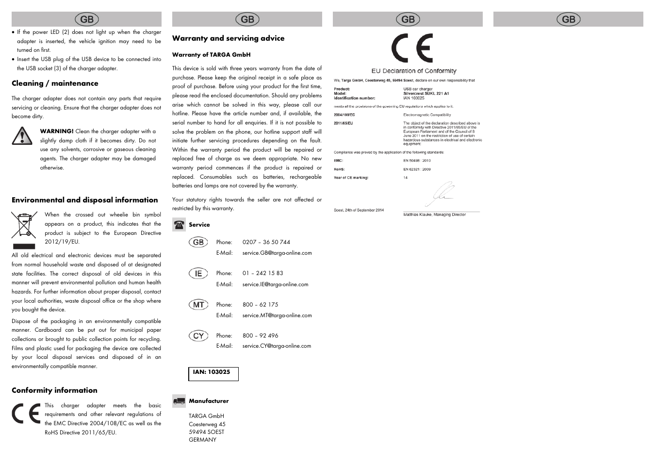 Cleaning / maintenance, Environmental and disposal information, Conformity information | Warranty and servicing advice | Silvercrest SUKL 221 A1 User Manual | Page 6 / 8
