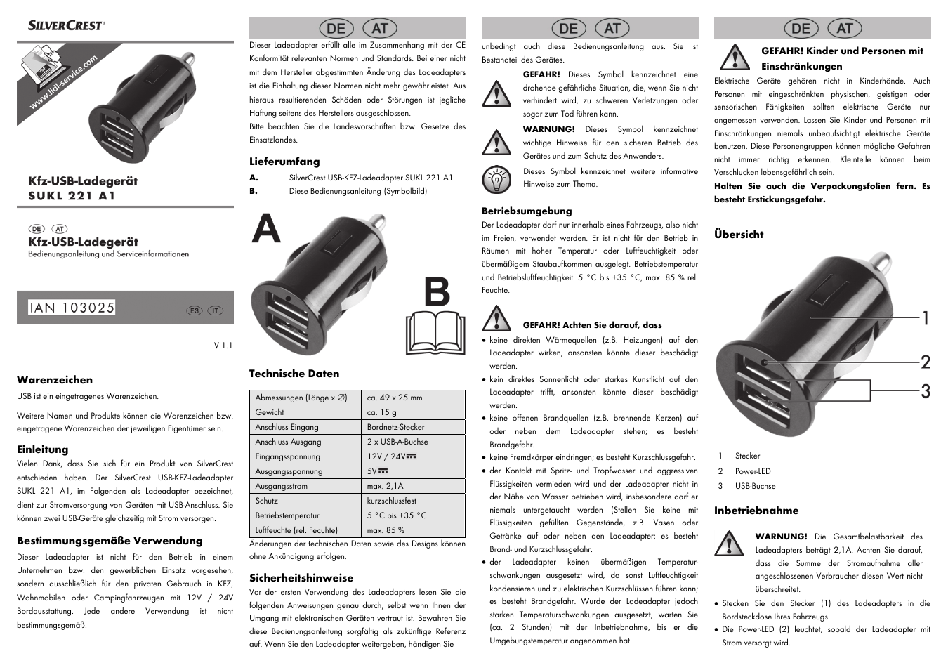 Warenzeichen, Einleitung, Bestimmungsgemäße verwendung | Lieferumfang, Technische daten, Sicherheitshinweise, Übersicht, Inbetriebnahme | Silvercrest SUKL 221 A1 User Manual | Page 7 / 8
