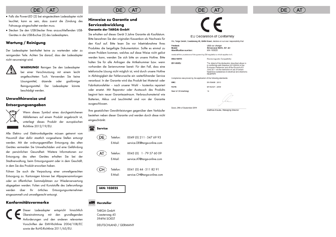 Wartung / reinigung, Umwelthinweise und entsorgungsangaben, Konformitätsvermerke | Hinweise zu garantie und serviceabwicklung | Silvercrest SUKL 221 A1 User Manual | Page 8 / 8