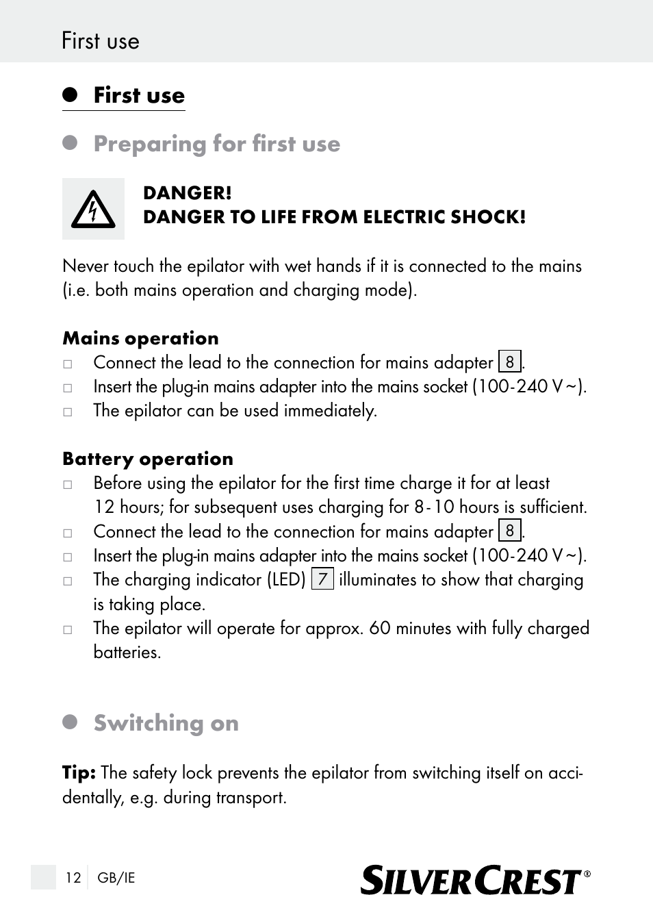 First use, Preparing for first use, Switching on | Silvercrest SE 32 A1 User Manual | Page 12 / 21