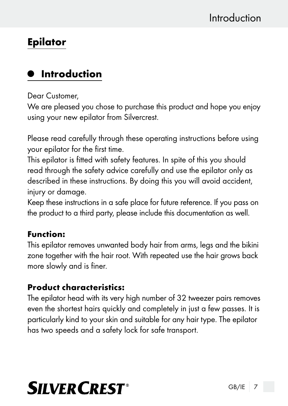 Introduction, Epilator | Silvercrest SE 32 A1 User Manual | Page 7 / 21