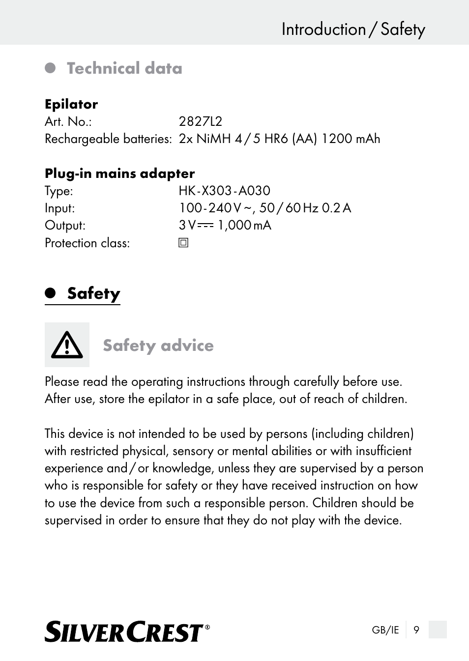 Introduction / safety, Technical data, Safety safety advice | Silvercrest SE 32 A1 User Manual | Page 9 / 21