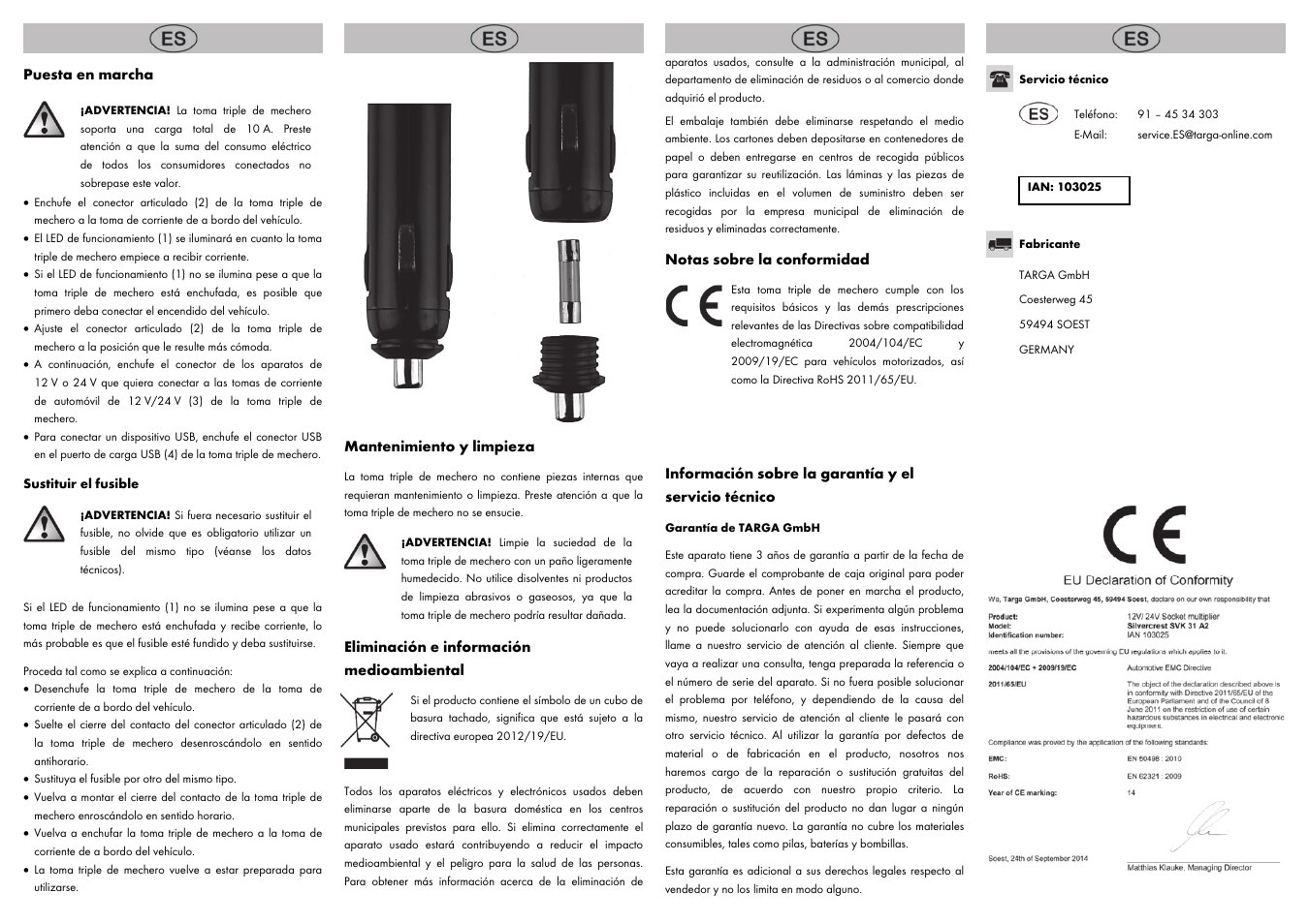 Puesta en marcha, Mantenimiento y limpieza, Eliminación e información medioambiental | Notas sobre la conformidad | Silvercrest SVK 31 A2 User Manual | Page 2 / 8