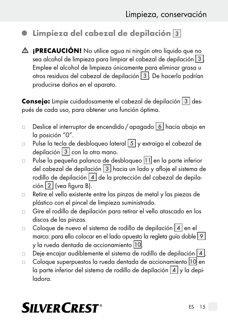 Limpieza, conservación, Limpieza del cabezal de depilación | Silvercrest SE 32 A1 User Manual | Page 15 / 85