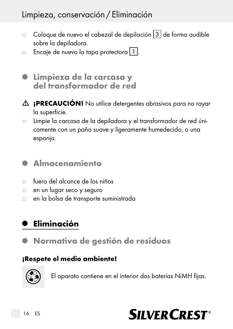 Limpieza, conservación / eliminación, Limpieza de la carcasa y del transformador de red, Almacenamiento | Eliminación, Normativa de gestión de residuos | Silvercrest SE 32 A1 User Manual | Page 16 / 85