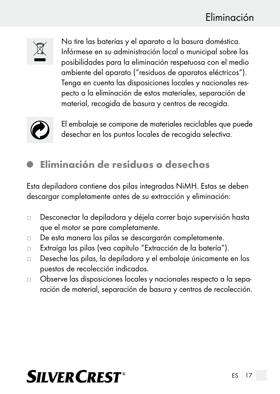 Eliminación, Eliminación de residuos o desechos | Silvercrest SE 32 A1 User Manual | Page 17 / 85