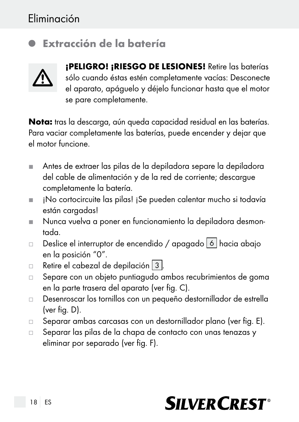 Eliminación, Extracción de la batería | Silvercrest SE 32 A1 User Manual | Page 18 / 85